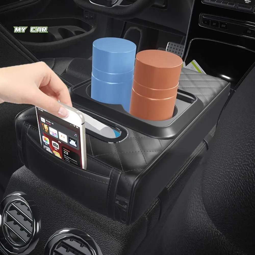 

Cup Holder Car Armrest Box Mat Large Capacity Waterproof Armrest Heightening Cushion Leather Tissue Box