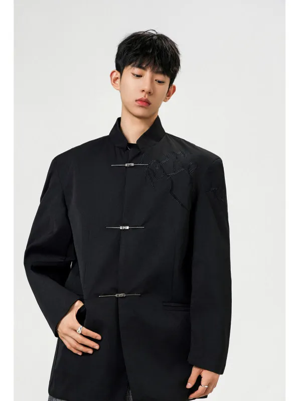 Nuovo colletto alla coreana ricamato Sle cinese Jaet da uomo con bottoni in metallo oulder pad abito casual capispalla primavera autunno alla moda...