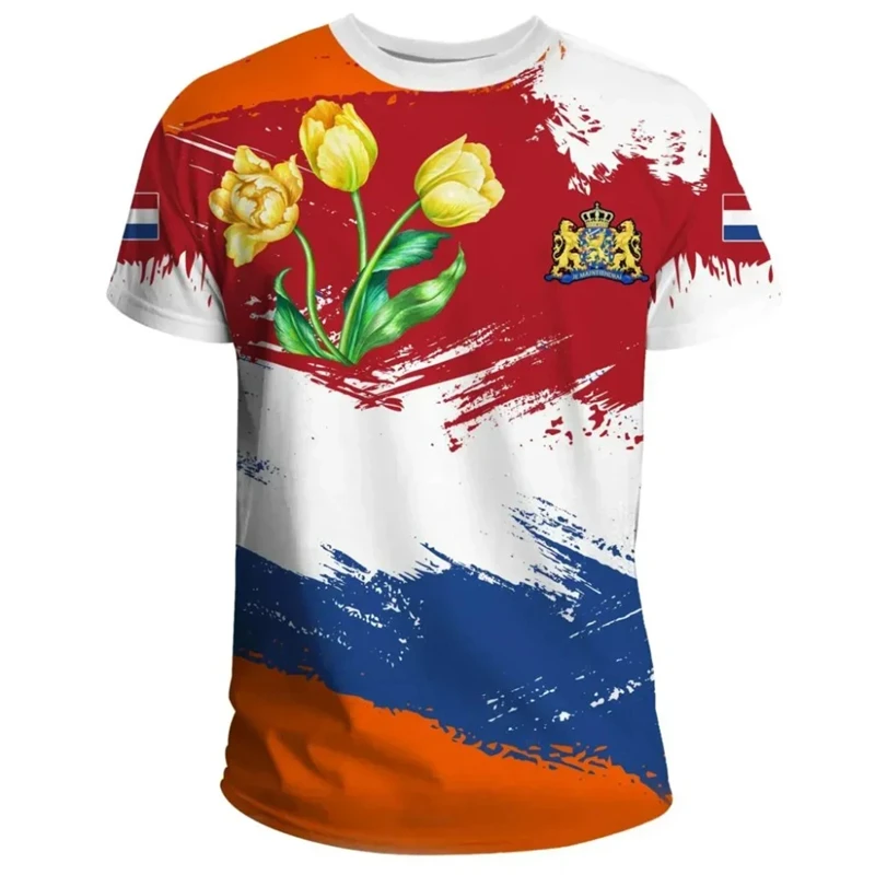 Netherlands Men's Tshirt Netherlands National Emblem Flag 3D Print Fashion O-Neck Tops Oversized Sports Short Sleeve Tee Shirts