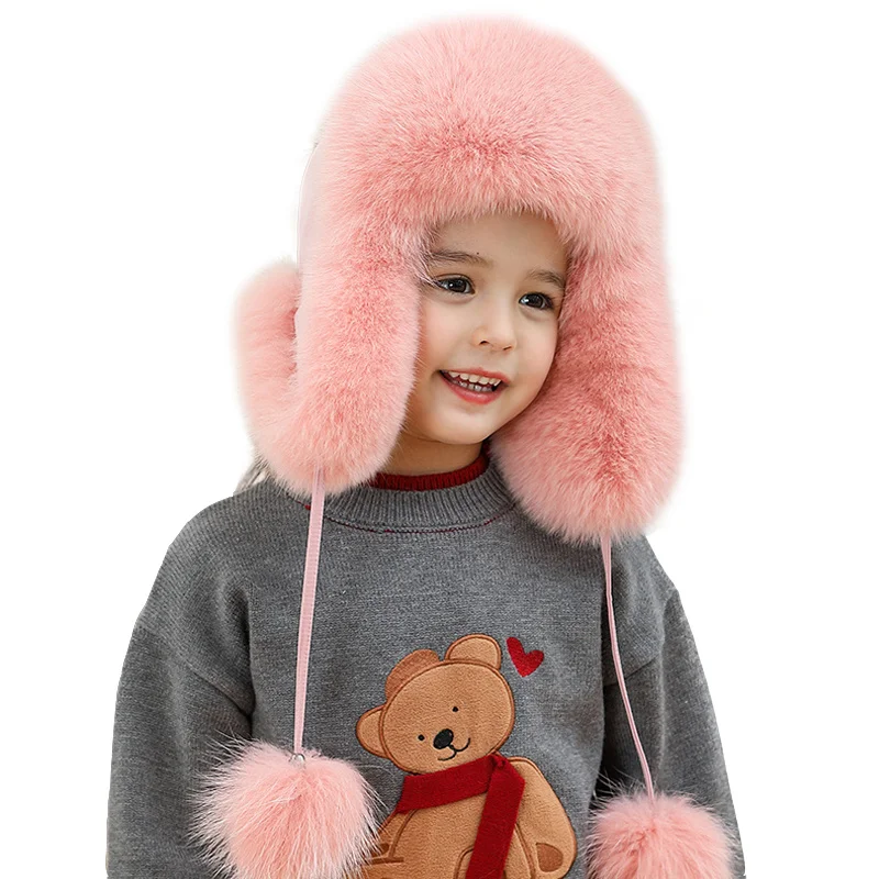 Children\'s Winter Hat For Girl Baby Hat Natural Fur Hat Soft Outdoor Windproof Hat Kids Hat With Earflaps Russian Fox Fur Hat