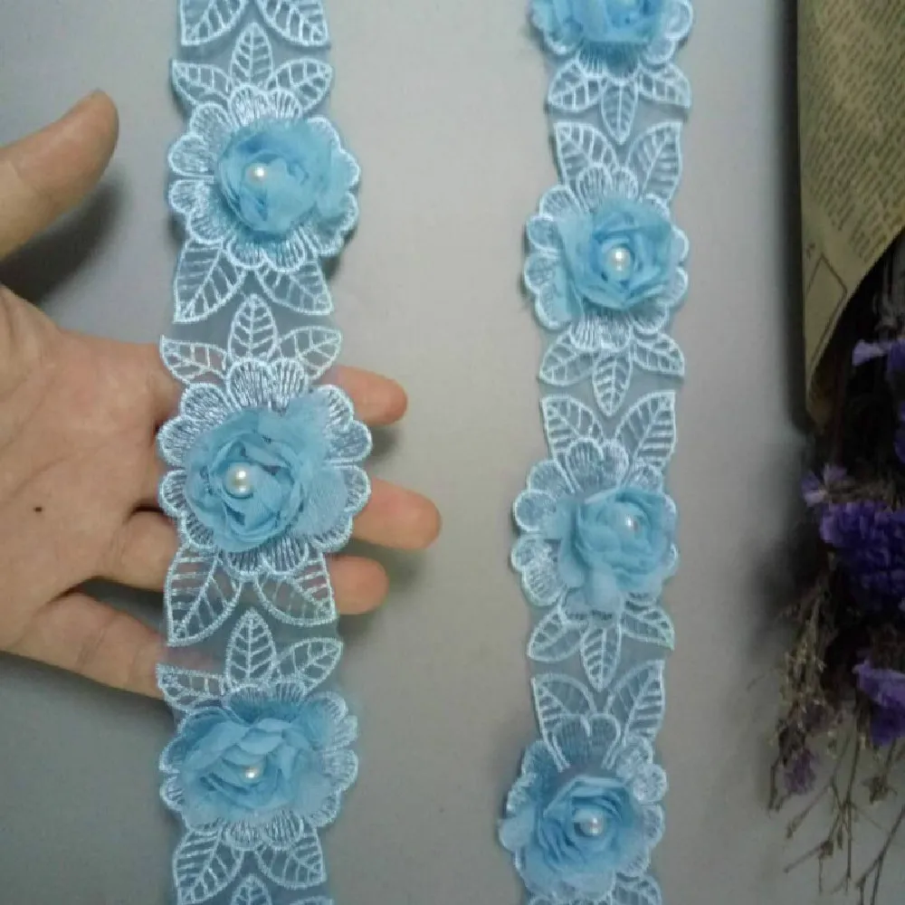 

1 Yard 5cm Soluble Blue Diamond Pearl Flower Lace Trim Embroidered Applique Wedding Fabric Ribbon Sewing Craft For Costume Hat