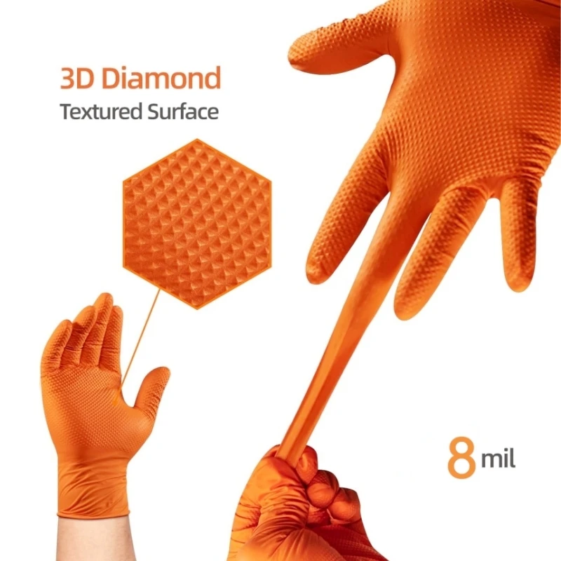 50PCS Heavy Duty Orange Industrial Nitrile Gloves Disposable 8mil Raised Diamond Texture Gloves Mechanic Tattoo Safety Gloves