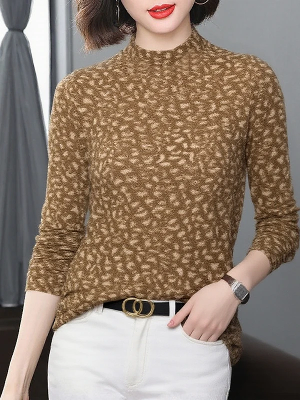 

Elegant Long Sleeve Printed Base Shirt Mommy Style High Collar Autumn Winter plus Size Clothing for Middle-Aged Women Cover up