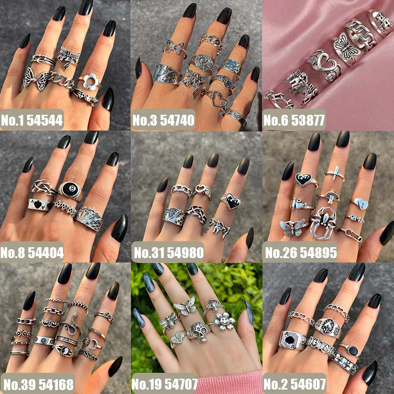 Hiphop Vintage Rings Set for Women Men Aesthatic Retro Punk Silver Plated Heart Flower Butterfly Chain Finger Ring Jewelry 2024