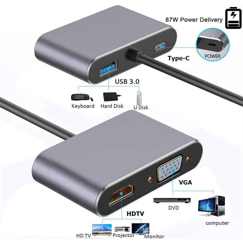 4-in-1 Type C Adapter Hub To HDMI VGA USB 3.0 Digital AV Multiport Adapter With TYPE-C PD Charging Port Compatible