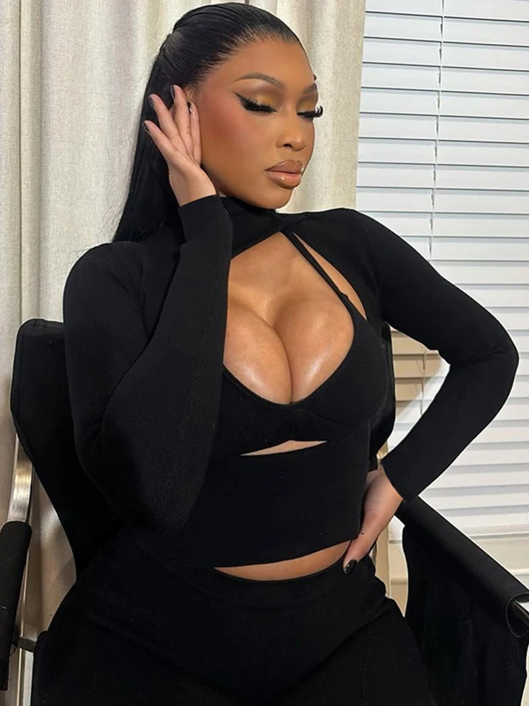 Kliou сексуальный хипстерский комплект из 3 предметов, женский топ с глубоким вырезом + водолазка, укороченный топ с длинными рукавами + узкие брюки, уличные модные костюмы