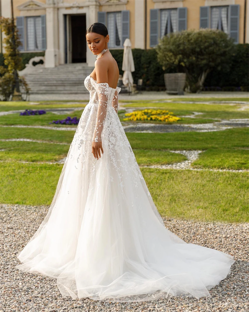 

Customized Boho White Organza Wedding Dress Sexy Sweetheart Off the Shoulder Bridal Gowns Soft A-Line Court Train Robe de mariée