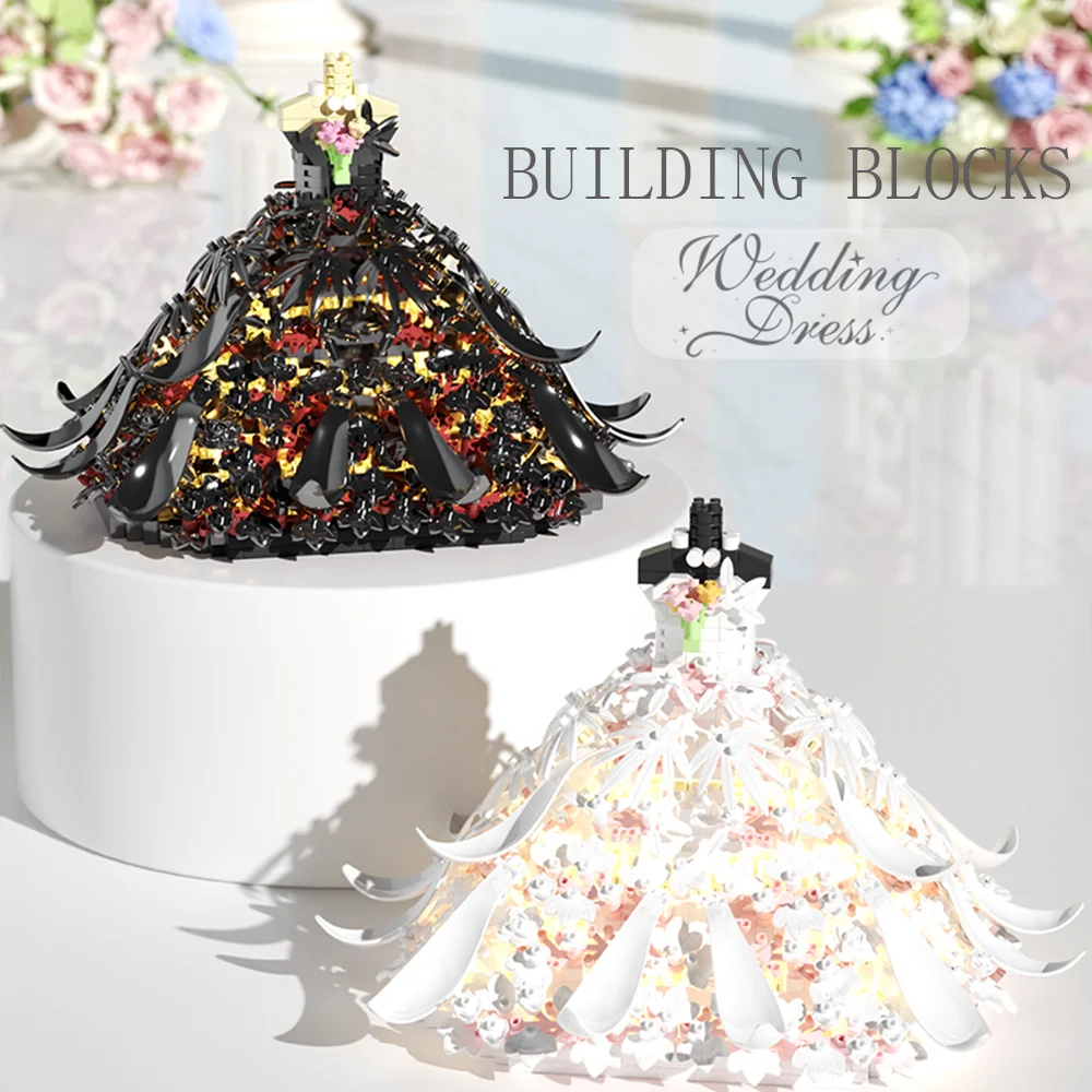 DIY Hochzeitskleid Bausteine Set Brautkleid Modellbausatz Liebe Zweifarbiges dekoratives Gebäudespielzeug Geschenk für Mädchen
