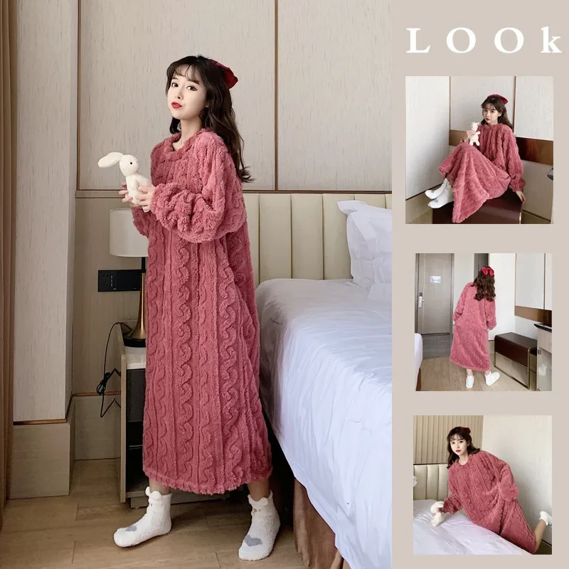 

Women's Fleece Winter Nightdress Long Sleeve Warm Korea Style Ladies Nightgown O Neck Flannel Jacquard Night Dress for Female