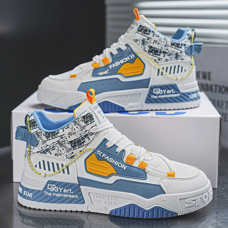 Men's High Top Board Shoes Fashionable Versatile Casual Walking Shoes Non-slip Street Style Sneakers Man Lace Up Sports Shoes