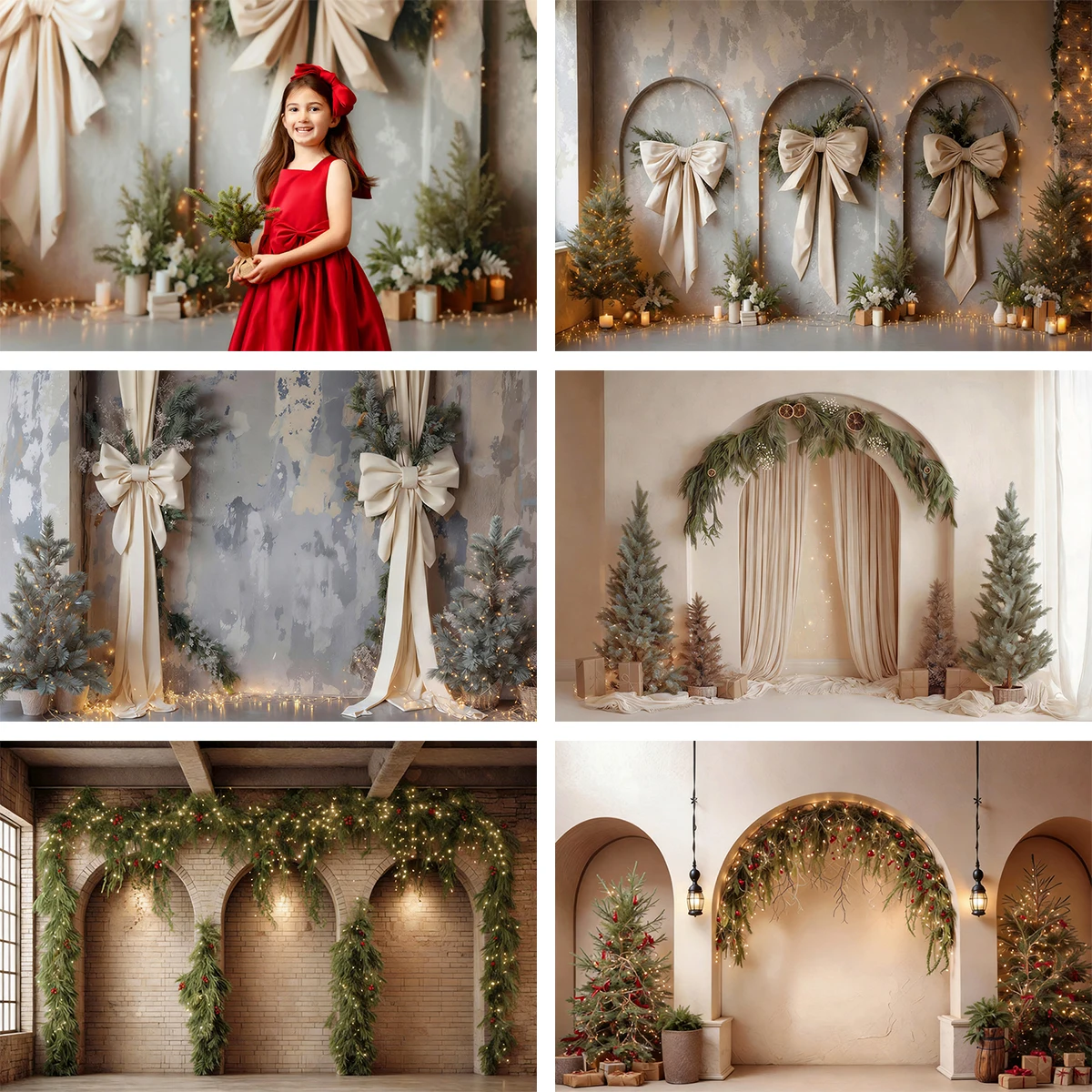 Neutral Christmas Beige Bow Arch Green Tree Winter Holiday Photography Backdrop For Maternity Kids Family Portrait Photo Shoot