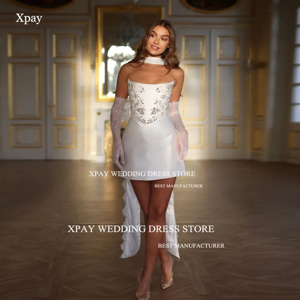 

XPAY Elegant Strapless Short Mini Wedding Dresses Lace Gloves Beads Satin Bridal Gown Customized Above Knee Corset Bride Dress