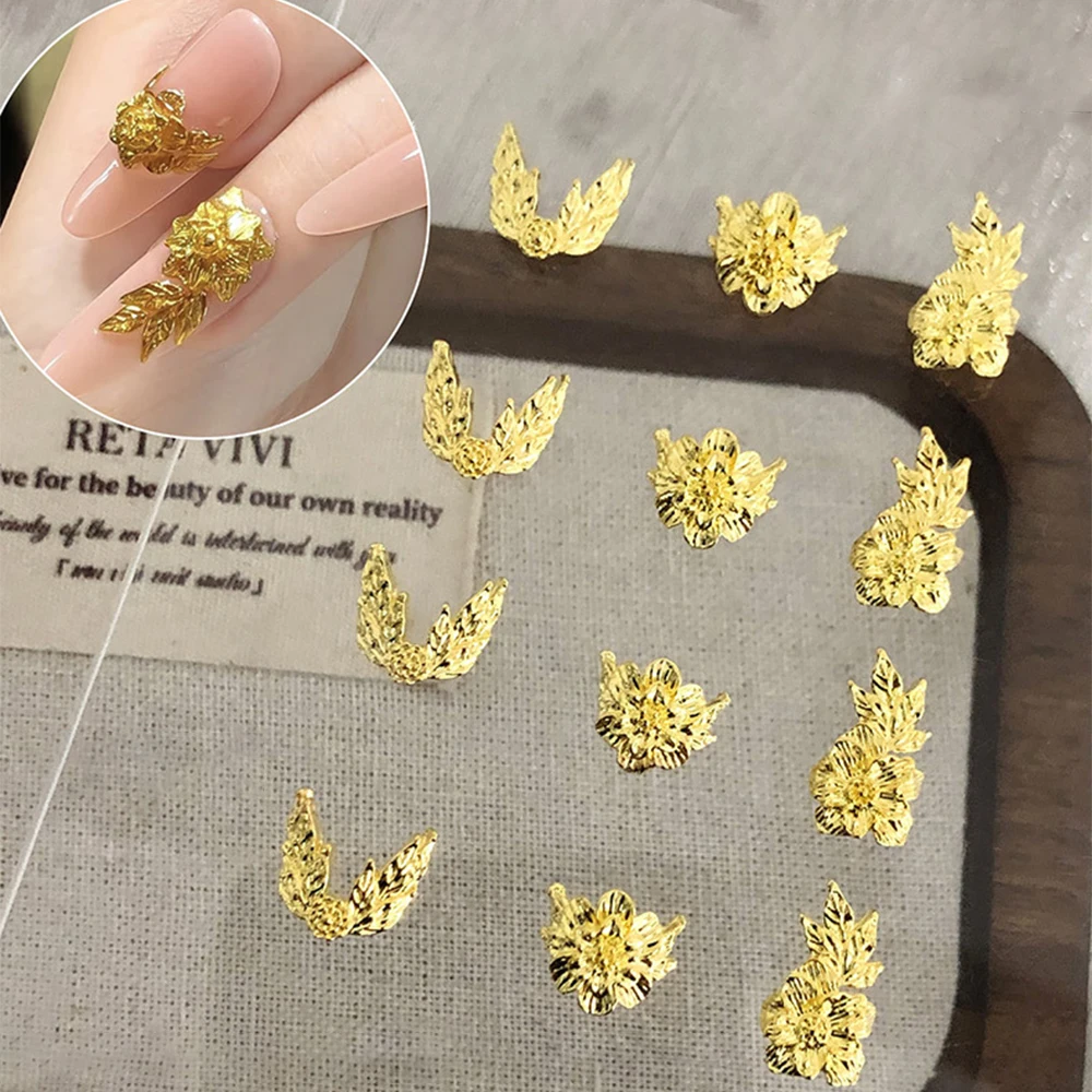 10 قطعة معدنية الأزهار مسمار الفن السحر الذهب الزهور وأوراق زينة الأظافر DIY بها بنفسك مانيكير حفلات الزفاف مسمار الملحقات * #1