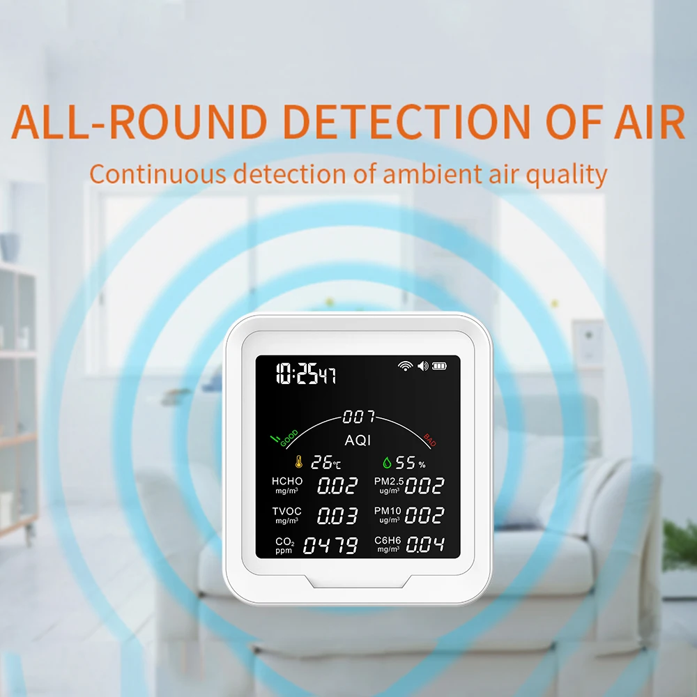 PTH-9BW Tuya WiFi Monitor multifunzionale della qualità dell\'aria PM2.5 PM10 HCHO C6H6 rilevatore di Gas CO2 termometro igrometro sveglia