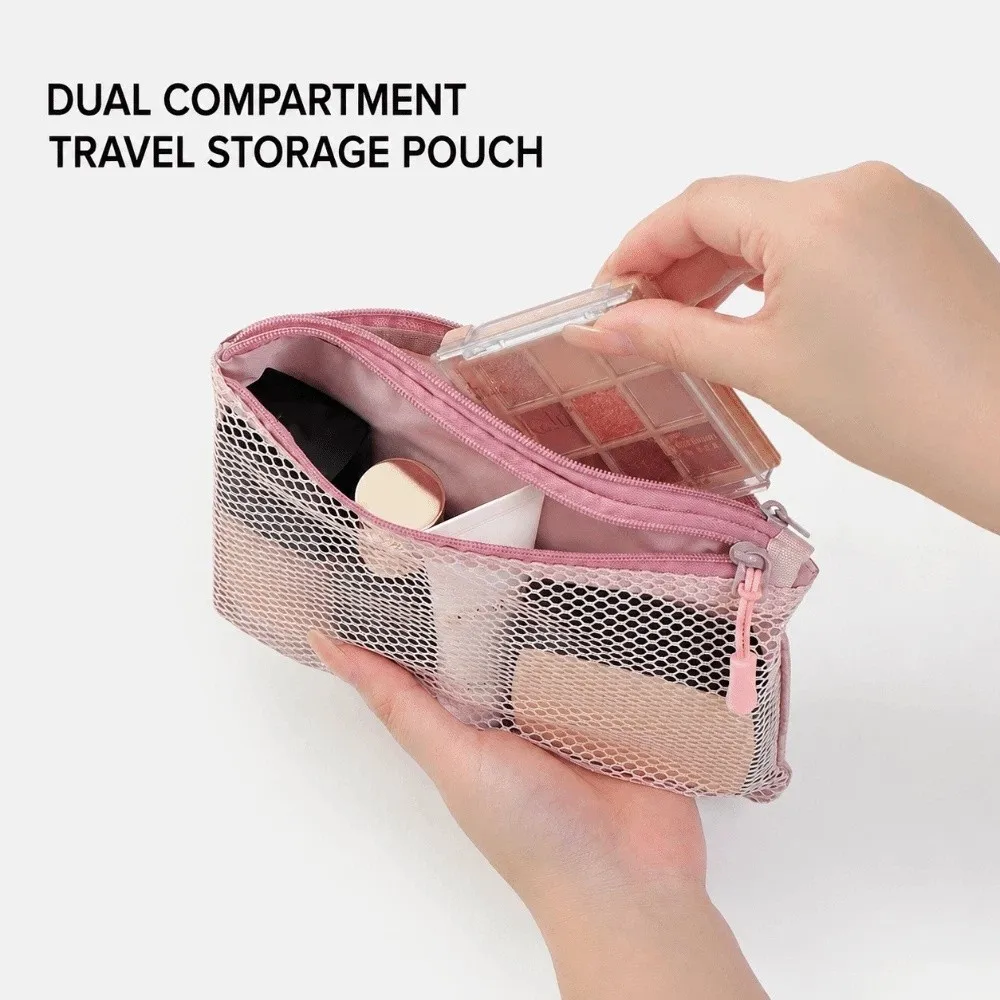 Versatile Double Zipper Mesh Organizer Pouch Multi-size Dual-Layer Makeup Bag Polyester Cosmetics Pouch Travel