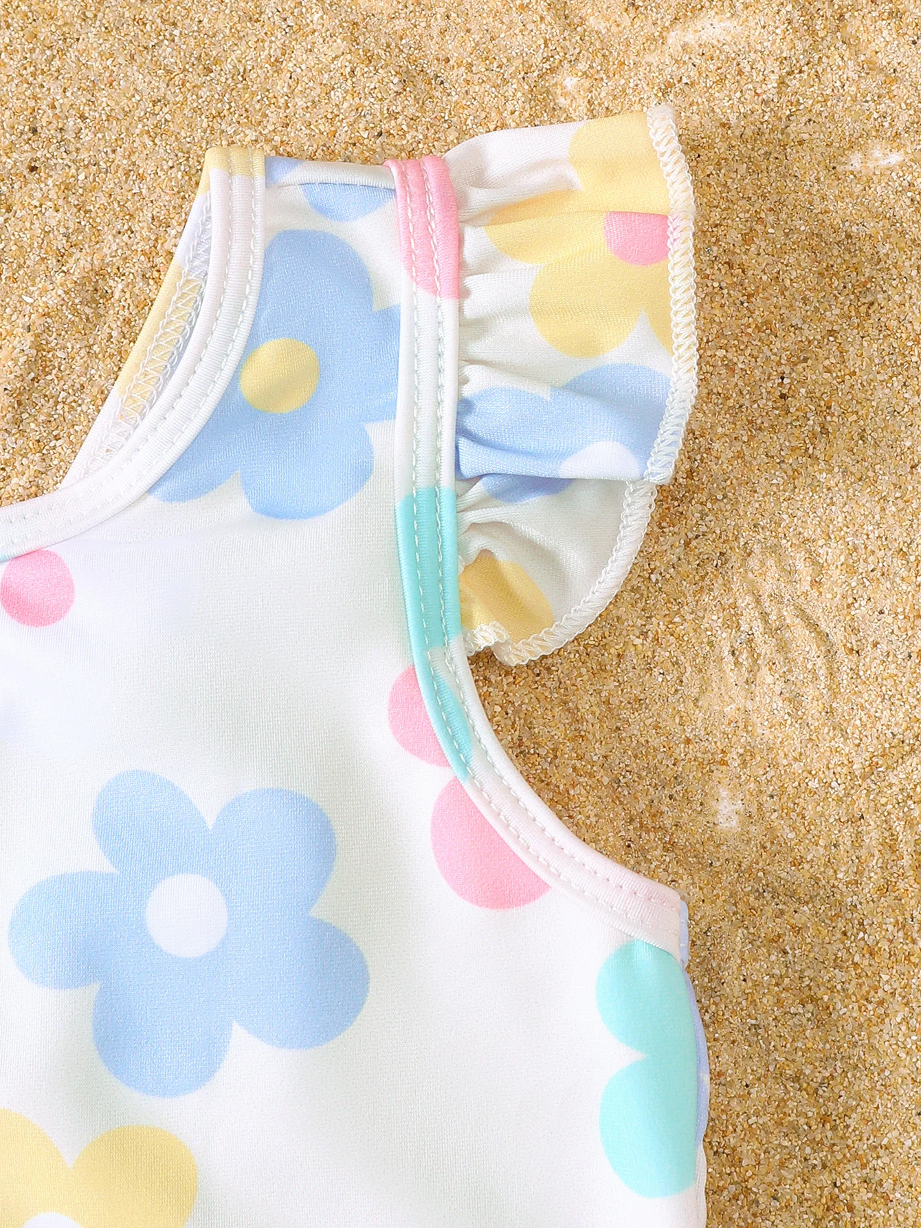 Einteiliger Badeanzug für Babys, Mädchen, Sommer, Blumendruck, Rüschenrand, ärmellos, Säuglingsbadebekleidung, bequemer Baby-Puppenanzug aus weichem Stoff – Detail 3