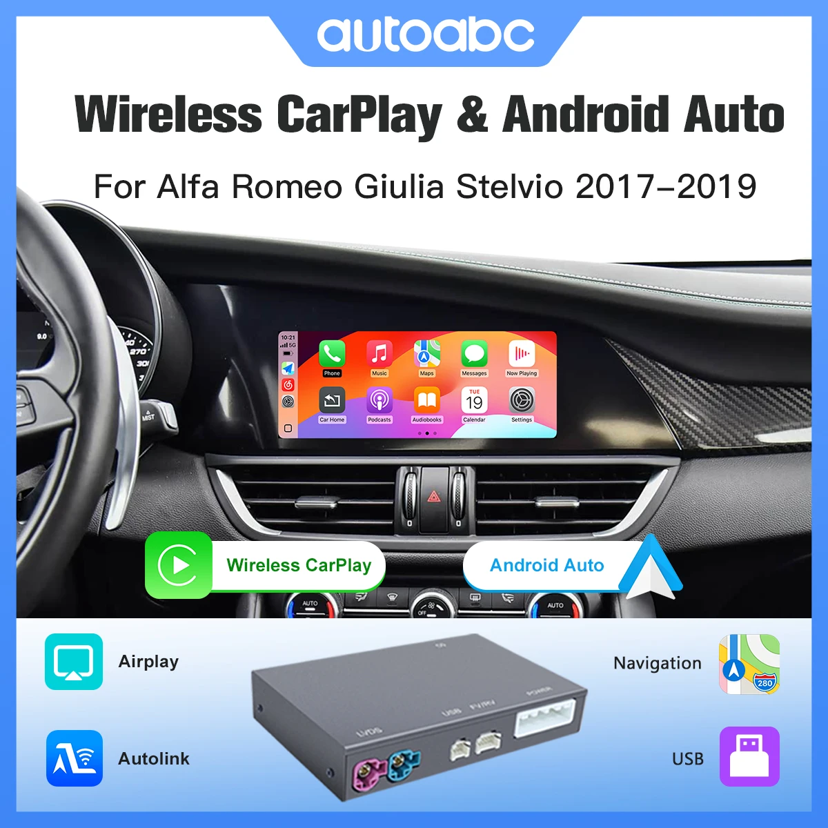 Für Alfa Romeo Stelvio/Giulia 2017-2019 Kabelloses CarPlay Android Auto Kompatibel mit Original-Fahrzeugkamera