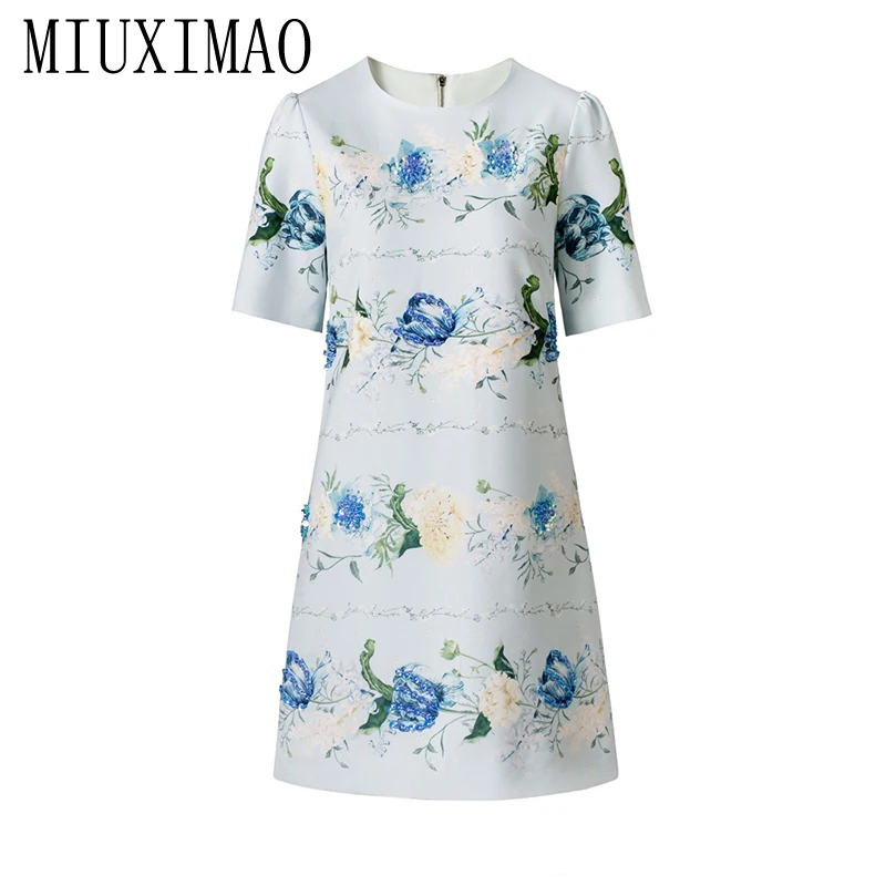 

MIUXIMAO 2026 Spring Summer Dress Blue Flower Print A-Line Light Blue Mini Slim Short Diamonds Dress Women's Vestido Fashion