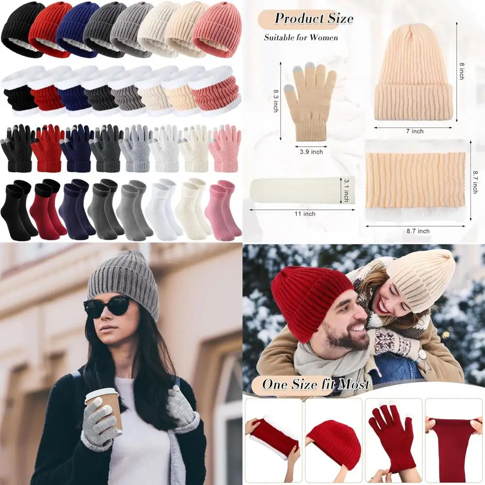 طقم قبعة صوف شتوية للسيدات وشاح وقفازات وجوارب مع قفازات تعمل باللمس لهدايا عيد الميلاد