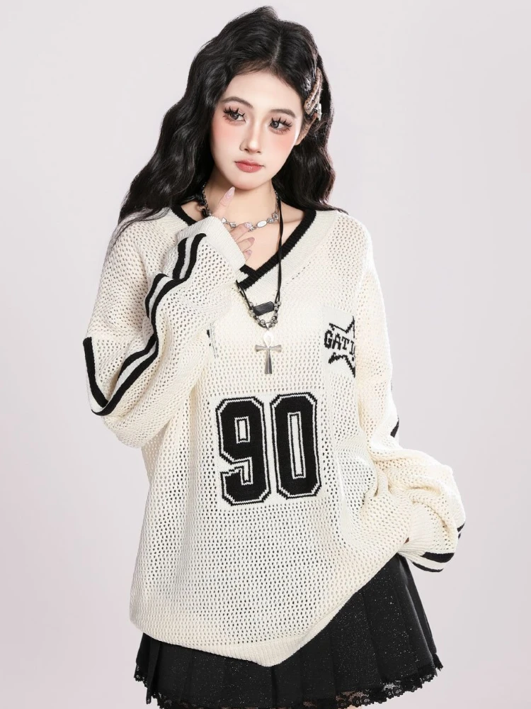 

Y2K американский ретро ажурный вязаный свободный пуловер с длинными рукавами женский свитер с v-образным вырезом и открытыми плечами солнцезащитный чехол летняя одежда