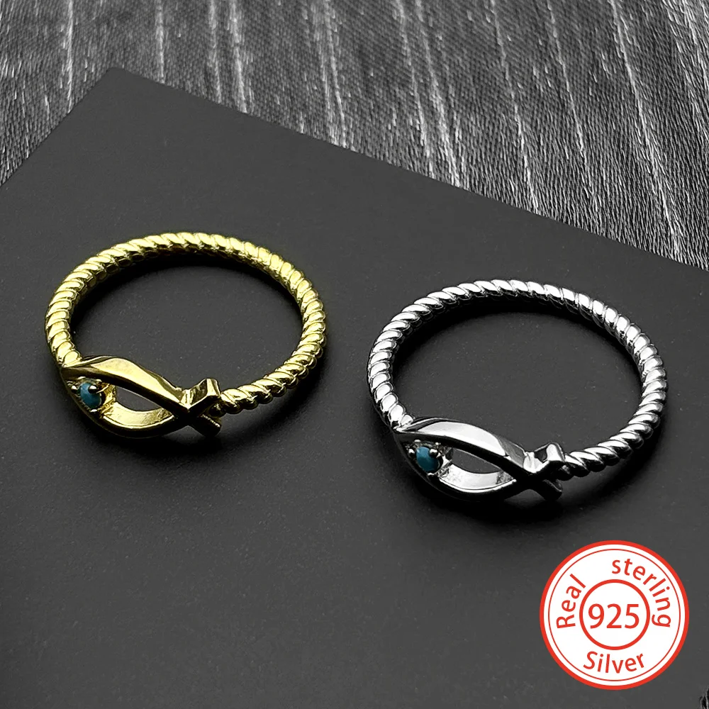 

Luxury Minimalist 925 Sterling Silver Ichthys Fish Turquoise Ring for Women Men Charms Gold Plated Finger Rings Faith Jewelry