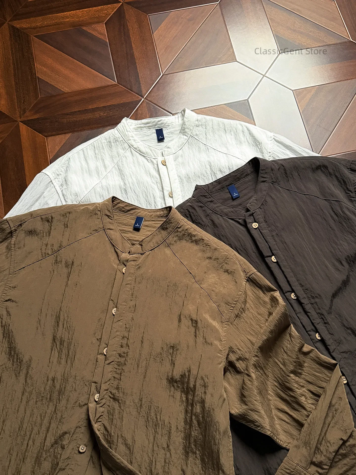 Natural pleated texture 4.6OZ Lyocell breath 28 long-sleeved stand-up neck shirt