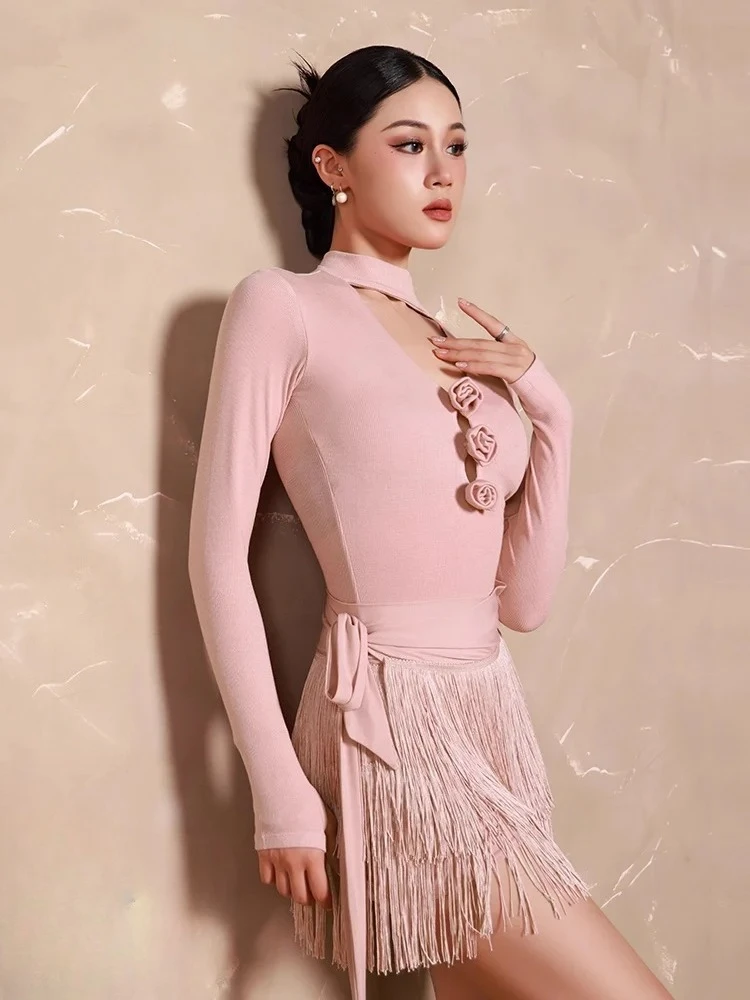 

customized women's adult Latin dance ballroom costume dance jumpsuit flower decoration performance practice outfit fringe dress