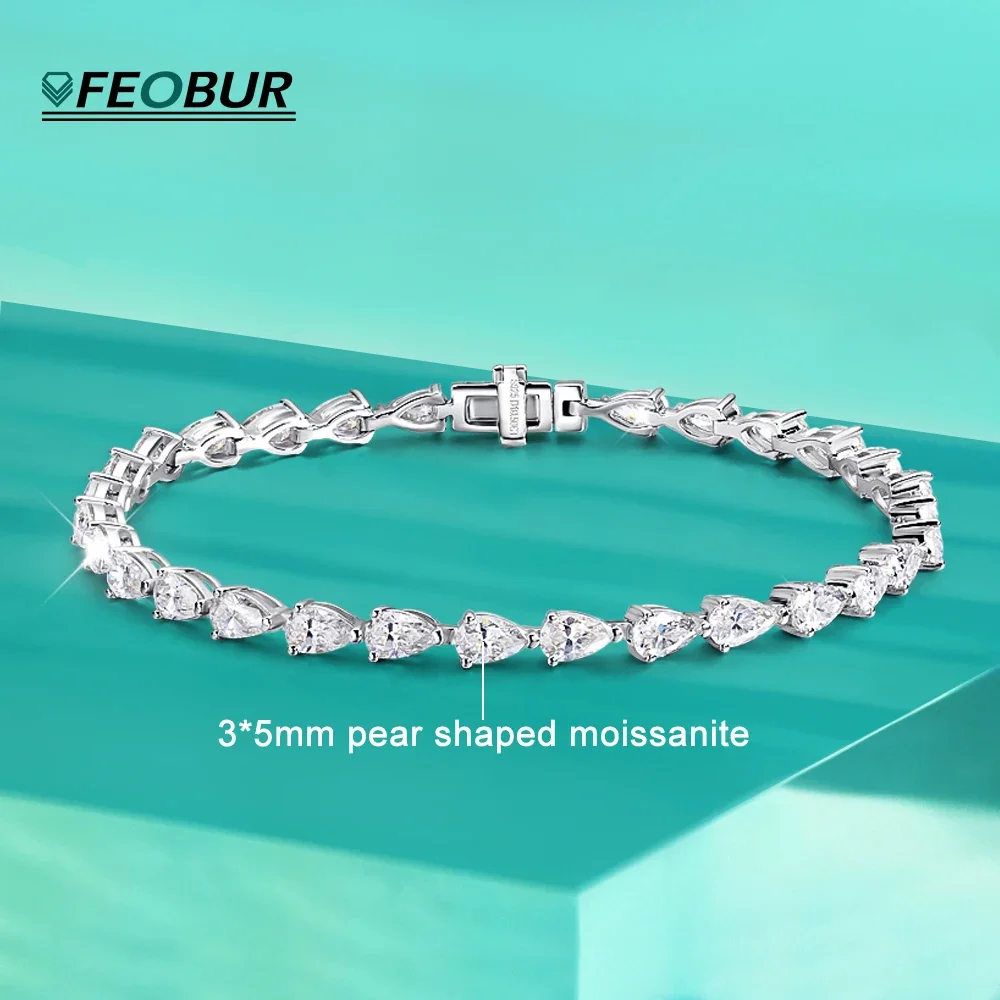 FEOBUR 3*5mm Pear Moissanite Tennis Bracelets GRA Original 925 Silver Plated 18k Fine Jewelry Bangles for Women Man Xmas Gifts