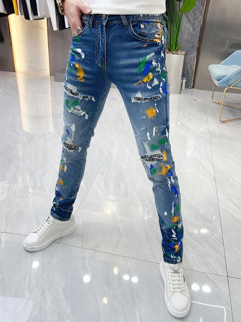 

Spring Summer Men's Slim Fit Jeans Graffiti Print Washed Blue Casual Long Pants Trendy Streetwear Youth Style Straight Leg Jeans