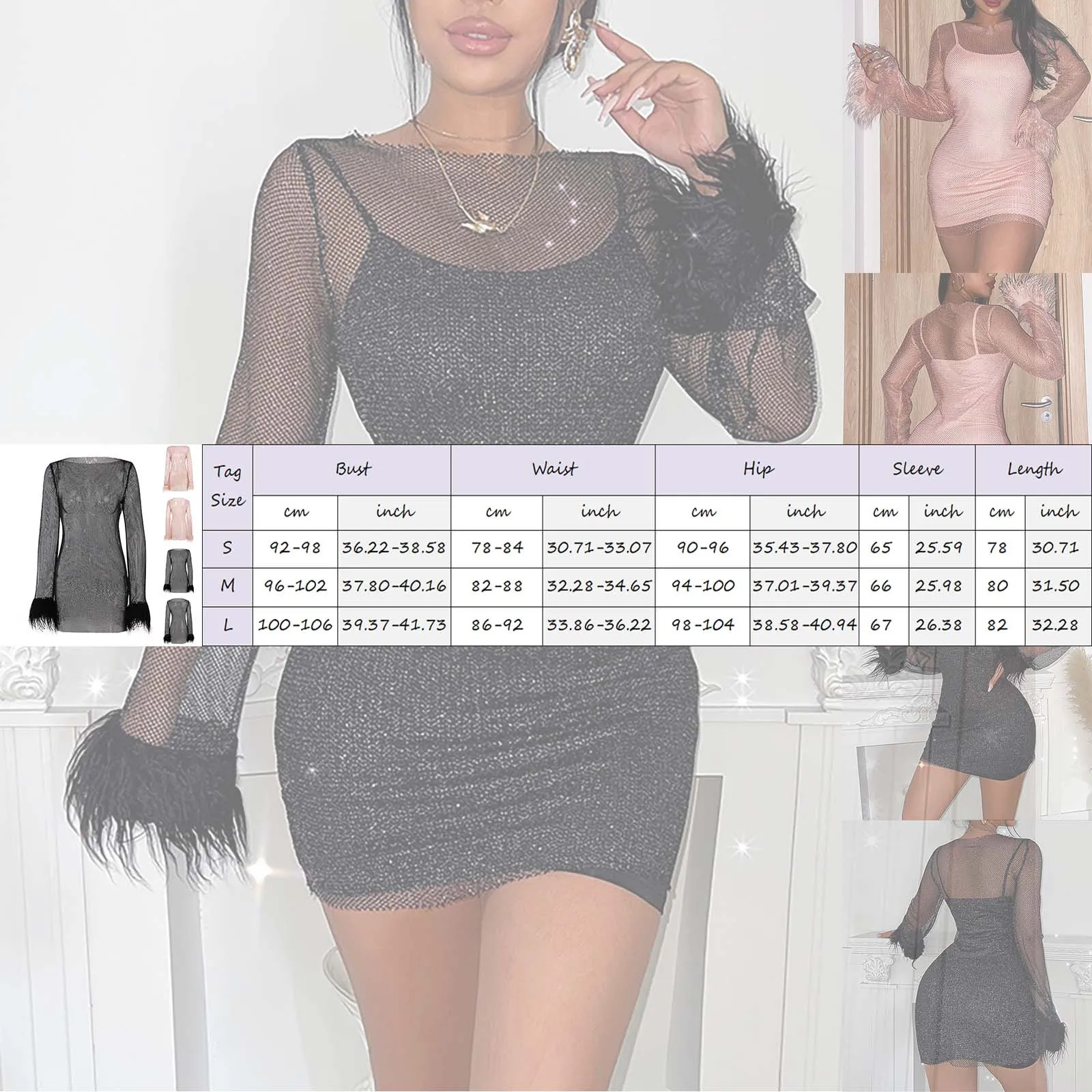 Long Sleeve Dress For Women  Mesh Glitter Sparkly Sequins Hollow Out Mini Dresses With Feather Elegant Party Dresses For Women