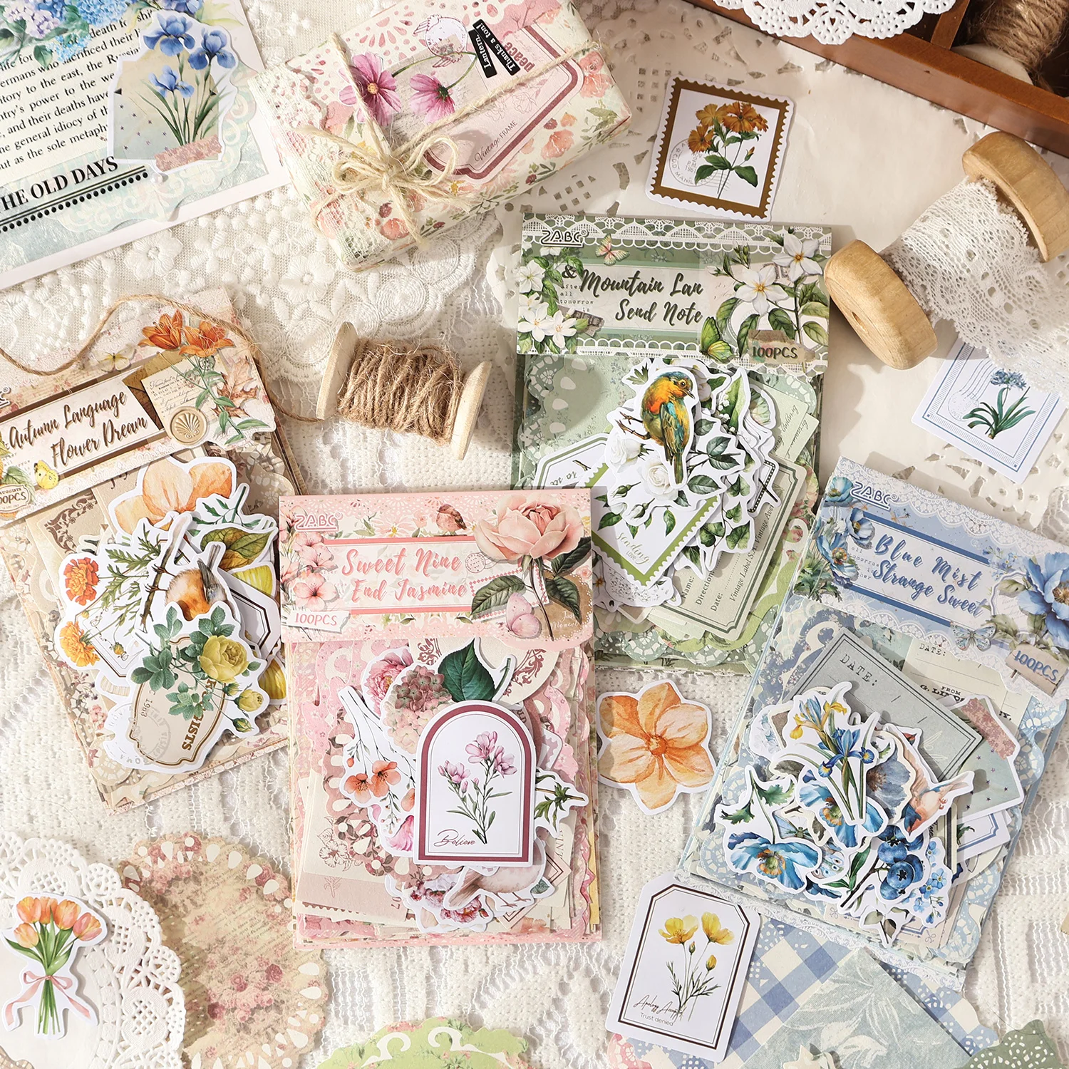 

100sheets Flower Room Antique Series Dual Material Retro Decor Stickers Material Pack Handmade DIY Scrapbook Aesthetic Supplies