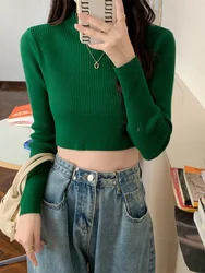 Knitted Crop Solid  Vintage Turtleneck Long Sleeves Sweater Women Korean Fashion Autumn Slim Pullover Simple Winter Jumpers