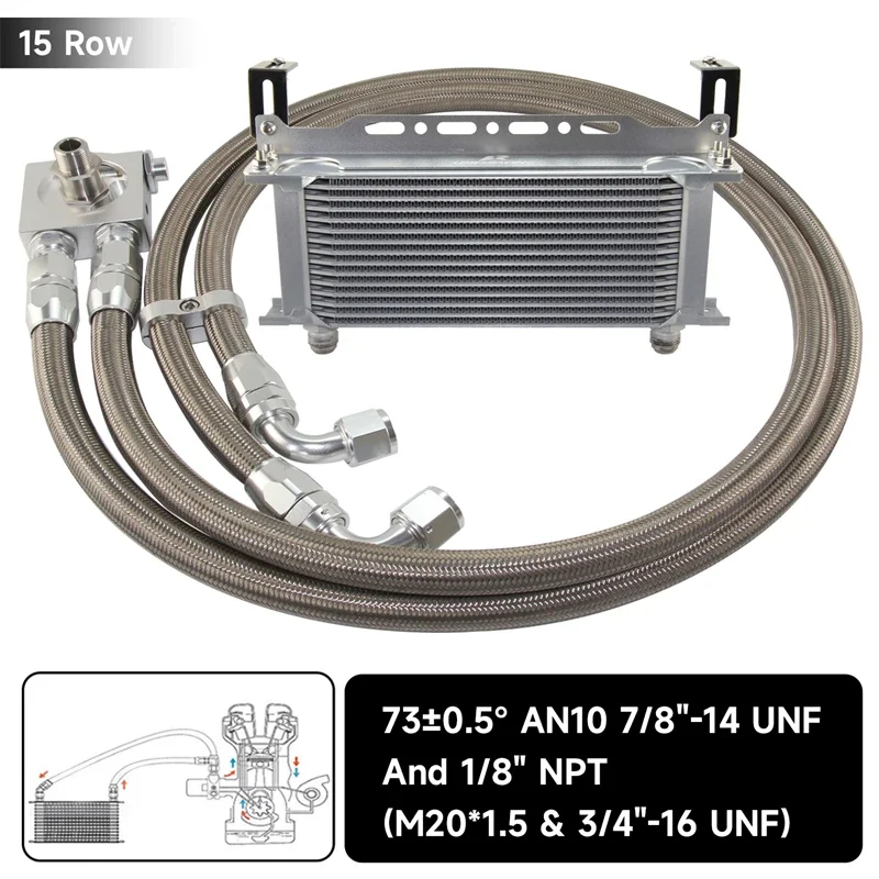 

Aluminum Silver Oil Cooler Kit Universal 15/16 Row+ 73±0.5° Thermostatic Mounting Brackets Kit AN10 7/8"-14 UNF And 1/8" NPT