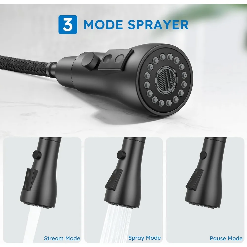 Moderno comercial preto fosco pull-down spray único punho torneira da cozinha com misturador de pia de aço inoxidável