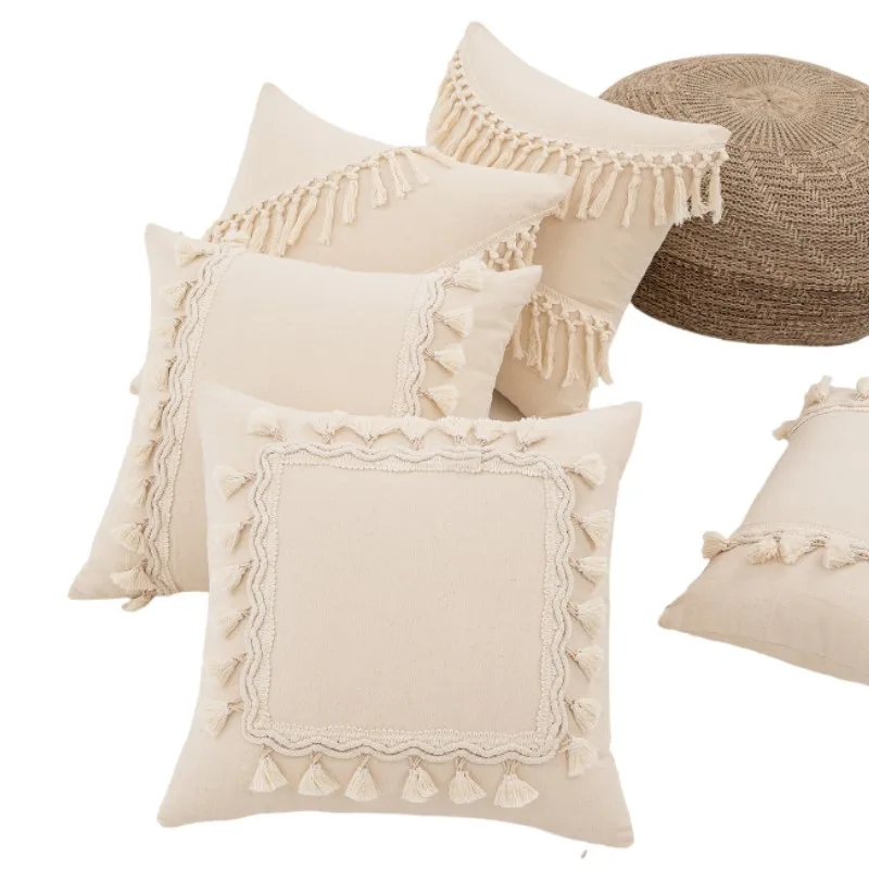 Linen Canvas Geometric Tufted Cushion Cover with Tassel Patchwork Decorative Pillowcase for Home Neutral Style Christmas Gift