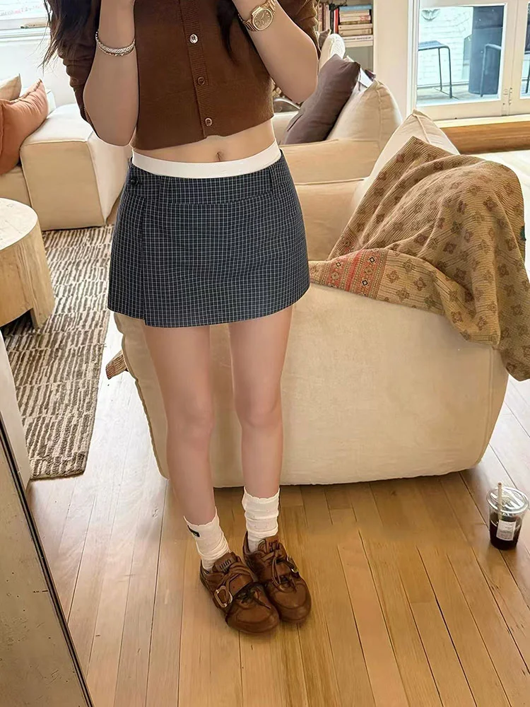 Sexy Low Waist Plaid Skirts Women Summer Fashion Slit Mini Skirt Korean Sweet Preppy All Match A Line Skirts Mujer