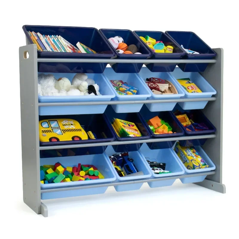 Humble Crew Kids Grey Toy Storage Organizer with 16 Blue Plastic Storage Bins plastic cabinet