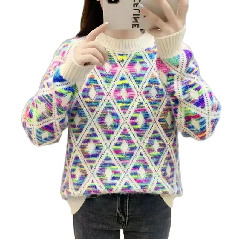 Western-Style Color Pullover Sweater Women Loose And Warm Wearing Lazy Wind Fashion Simple Versatile Knit Bottoming Shirt