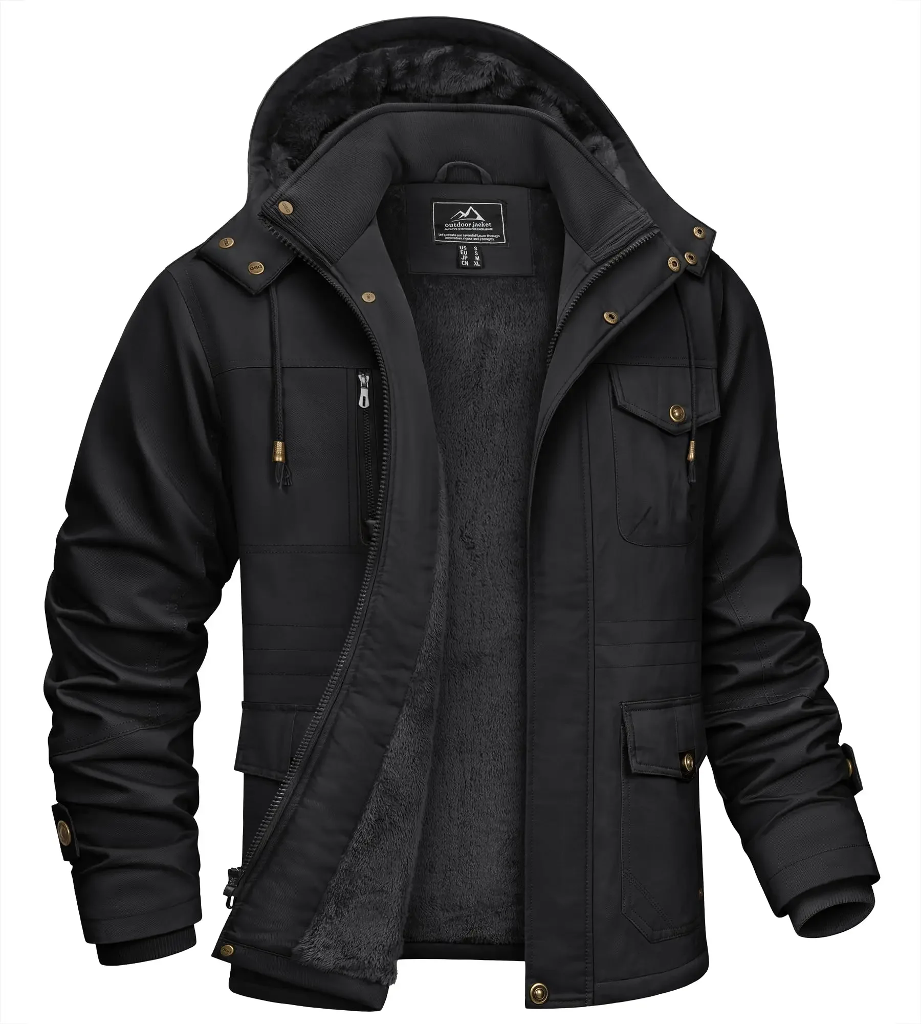 TACVASEN Mens Fleece Lined Winter Warm Jacket Detachable Hood with 6 Multi-Pocket Parka Coat Windproof Outdoor Hiking Daily Coat