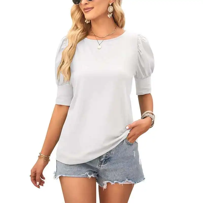 2025 Letnia koszulka damska z okrągłym dekoltem i luźnym, swobodnym krótkim rękawem dla kobiet