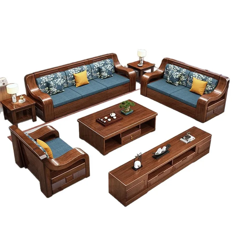 Golden silk walnut solid wood sofa size apartment new Chinese living room winter and summer dual-purpose storage furniture