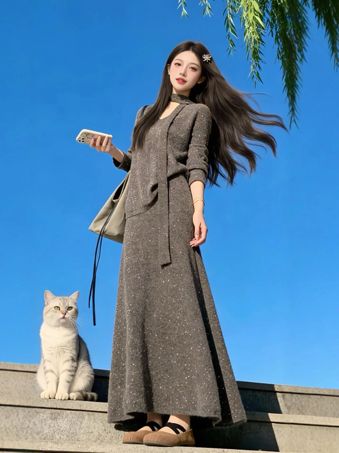 

Комплект из трикотажной юбки и топа Laid-ba Chic V-ne: Удобный зимний наряд средней плотности, повседневный, универсальный, с высокой талией, длинный рукав