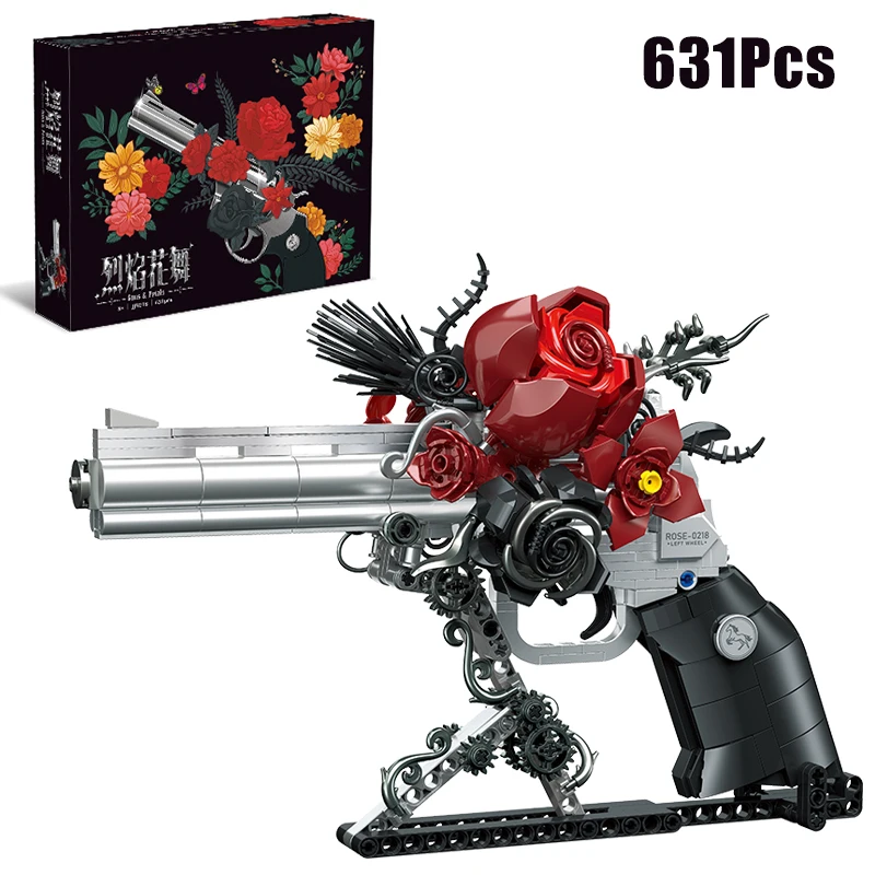 

Technical 631Pcs Rose Revolver Flower Pistol Building Blocks Petals Gun Home Decoration MOC Bricks Assemble Toys Children Gift