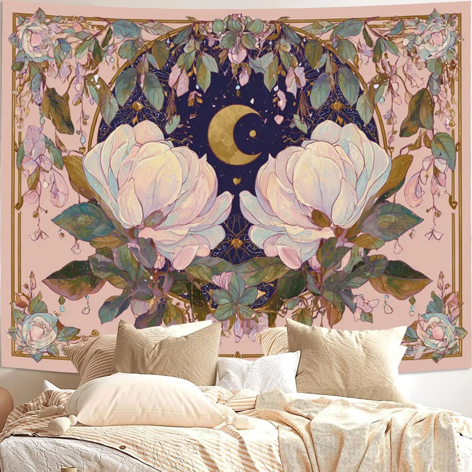 Sun and Moon Tapestry, Vintage Bohemian Wall Hanging, Moon‑Kissed Dual‑Flower Dreamy Floral Tapestry Wall Decor, Suitable for Living Rooms, Game Rooms, Bedrooms, Offices, Home Decor / Room Decor / Party Decor, Wall Decoration, Party Backdrop
