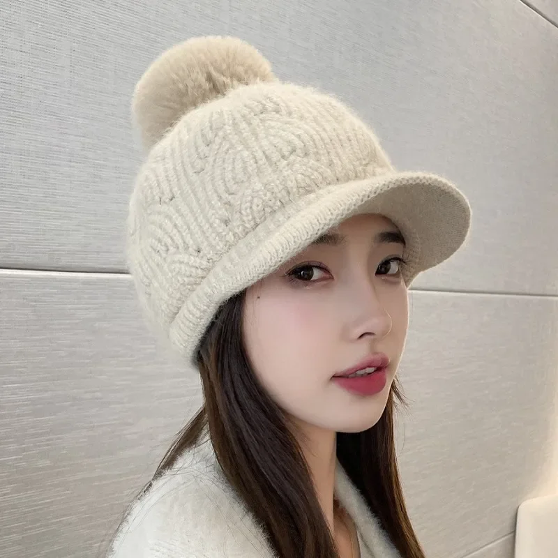 Winter Women Knitted Flat Tongue Hat Autumn Winter Warm Rabbit Hair Letter Warm Baseball Hat Ear Protection Neck Waiver Wool Hat