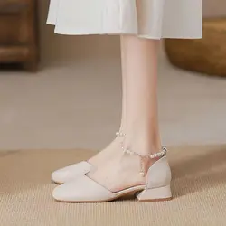 Summer 2024 Women's Shoes Pearl Square Heels for Office Work Medium Sandals Woman Footwear H on Offer Designer Luxury Original