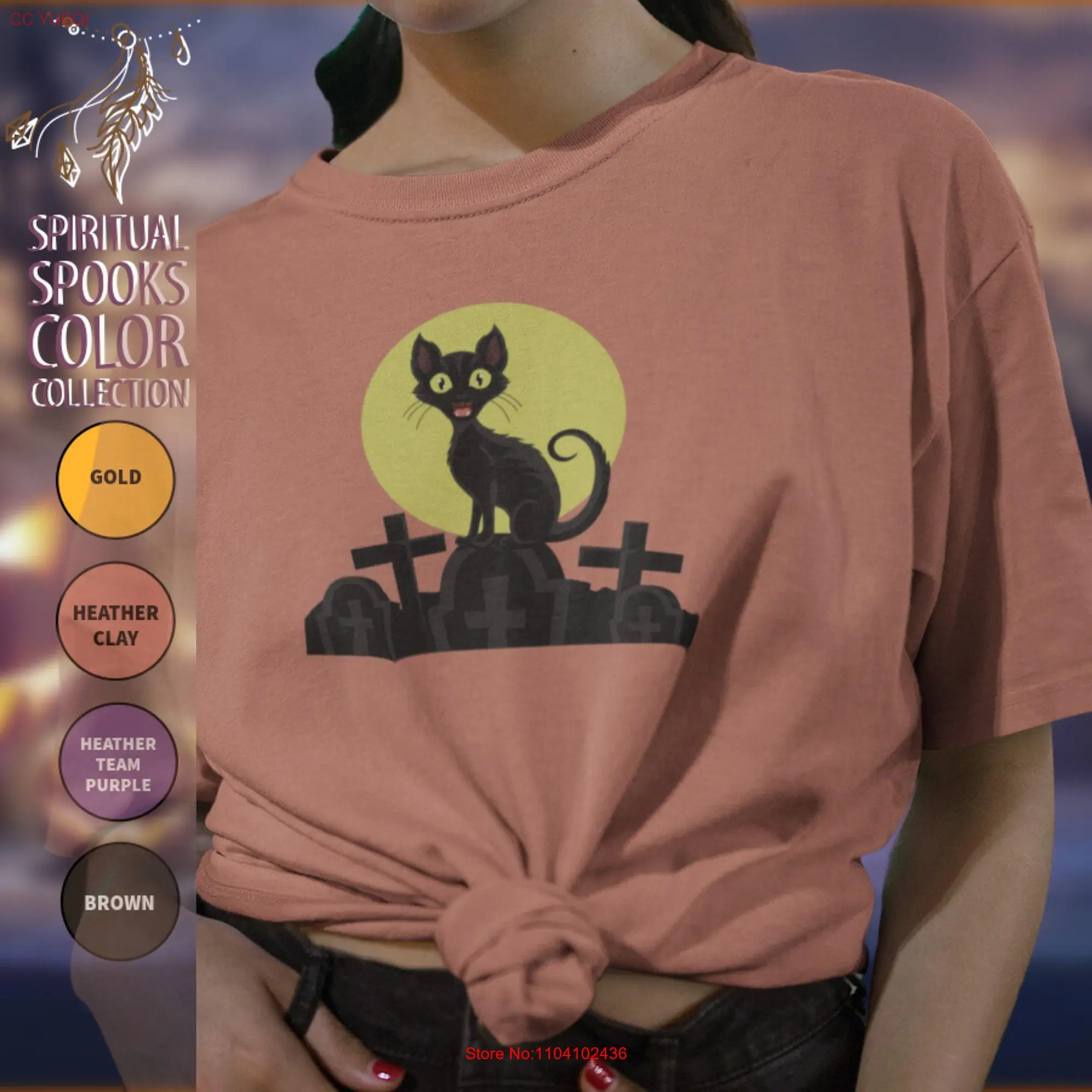 Feline Guardian of the Night T Shirt Moonlit Cemetery Cats Vintage Halloween Fashion 4 Enchanting Colors Sizes XS to