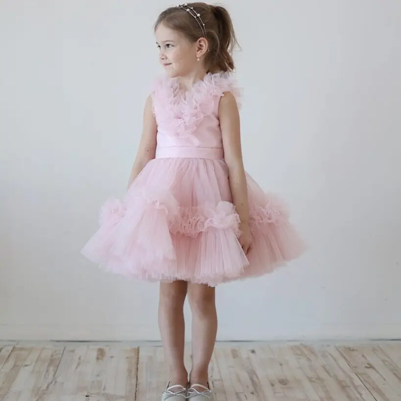 Cute Pink Flower Girl Dress Puffy Girls Wedding Party Dresses Baby Birthday Pageant Dress