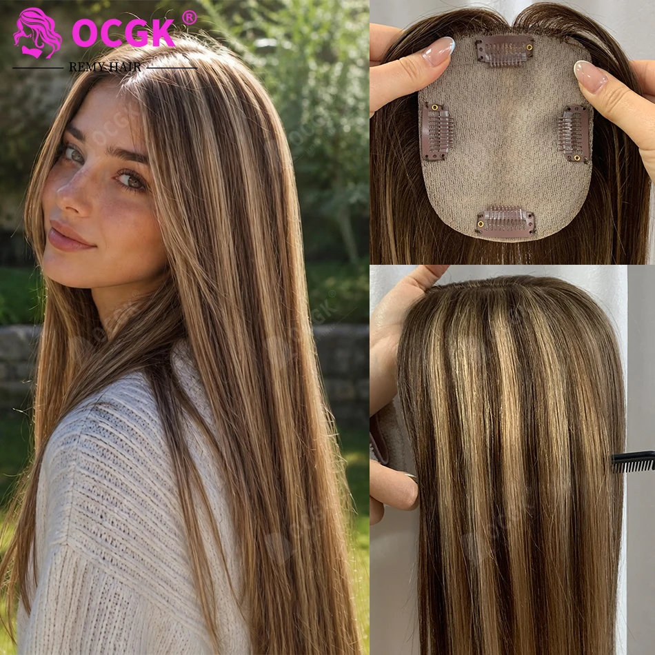 Topper de cheveux humains lisses de 17 pouces, base 10x12cm, couleur T2-2-16, postiches à clipser pour femmes souffrant de cheveux clairsemés, pour ajouter du volume