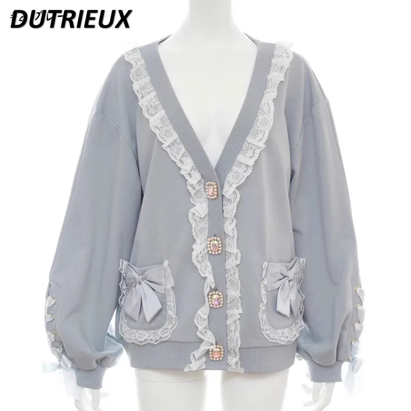 Stile giapponese dolce e carino pizzo scollo a v manica lunga maglione cappotto di media lunghezza fiocco cintura-Loop Cardigan lavorato a maglia per le donne primavera